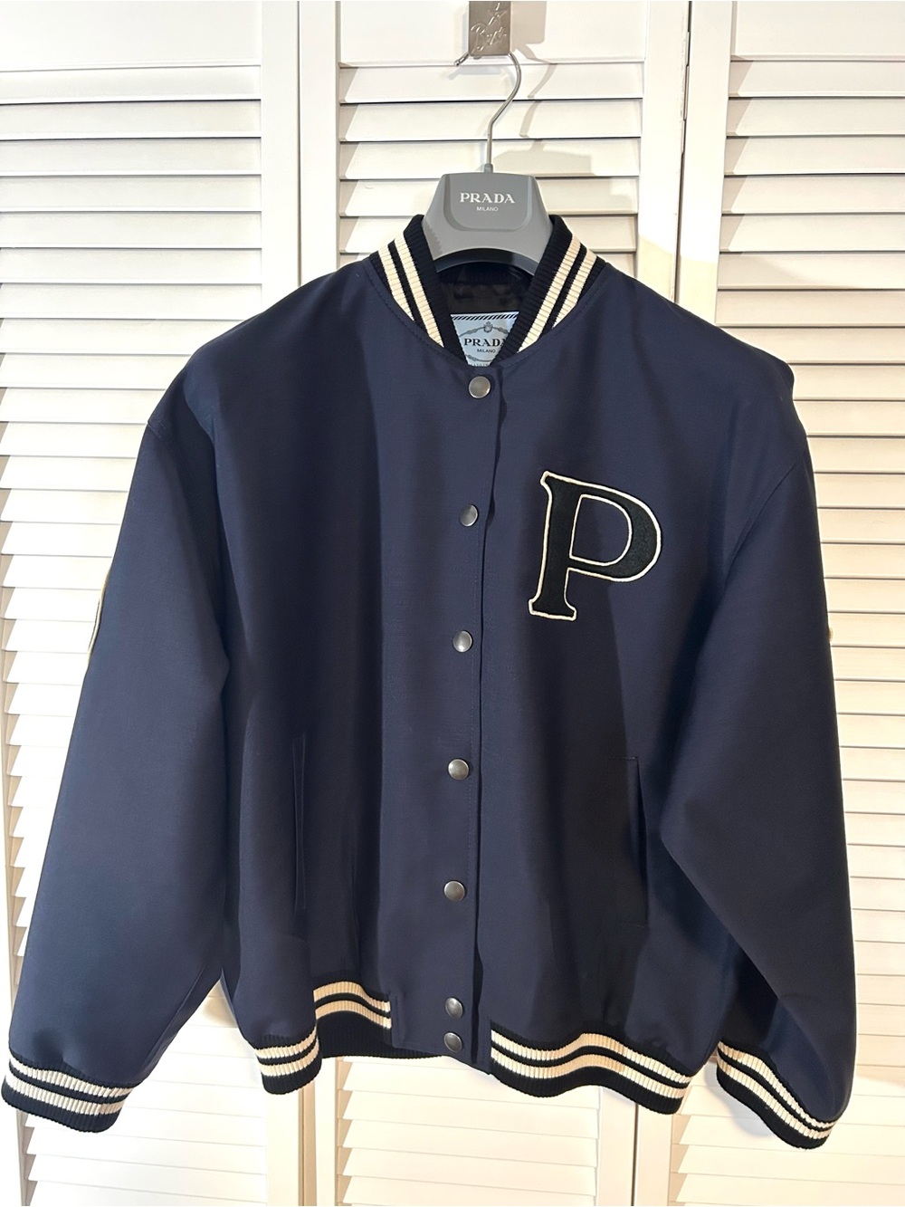 Prada Navy Blue Varsity Jacket with Cream Trim and P Patch